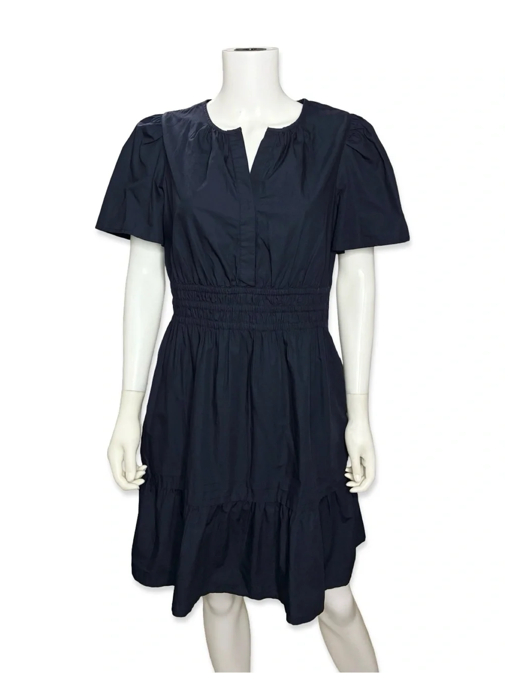 Quince Navy Blue Organic Cotton Tiered Mini Dress